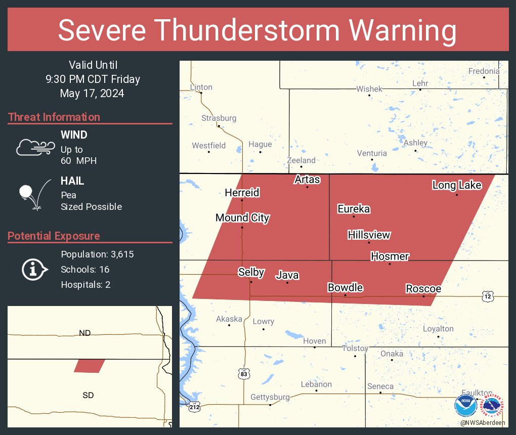 Severe Thunderstorm Warning continues for Eureka SD, Selby SD and Bowdle SD until 9:30 PM CDT