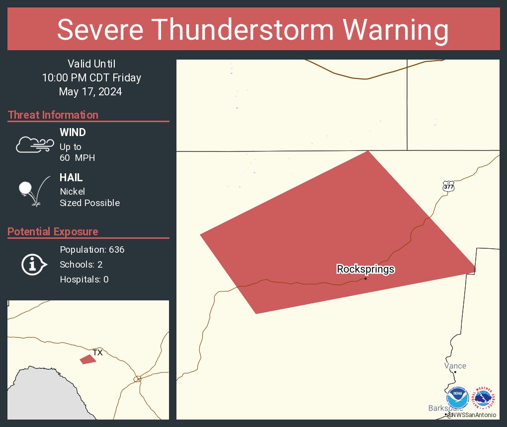 Severe Thunderstorm Warning continues for Rocksprings TX until 10:00 PM CDT