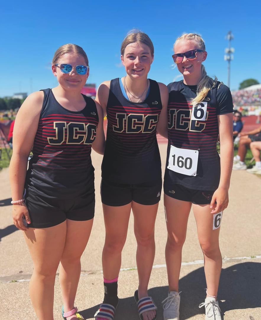 Good 1st day at state track.  Molly had 2 PRs in the 100 and 200.  Tomorrow shot put for Maya and Harley and 100 finals for Molly!  #gojcc