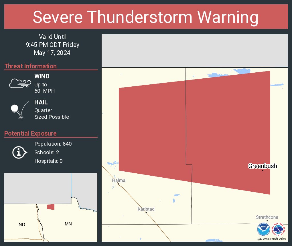 Severe Thunderstorm Warning continues for Greenbush MN until 9:45 PM CDT