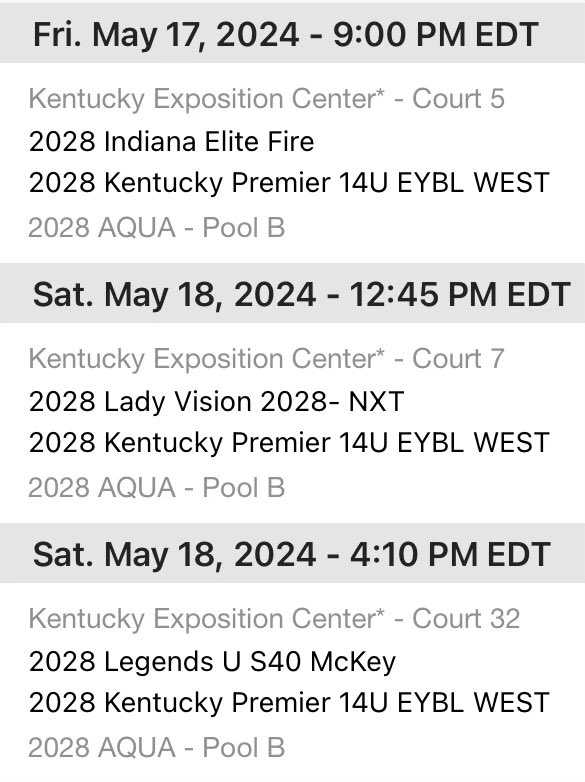 Ava Ginn (@avaginn264513) on Twitter photo Here is my schedule for the Classic in Louisville for this weekend <a href="/KentuckyPremier/">Kentucky Premier EYBL</a> @KYPremier2028 Here is my schedule for the Classic in Louisville for this weekend <a href="/KentuckyPremier/">Kentucky Premier EYBL</a> @KYPremier2028