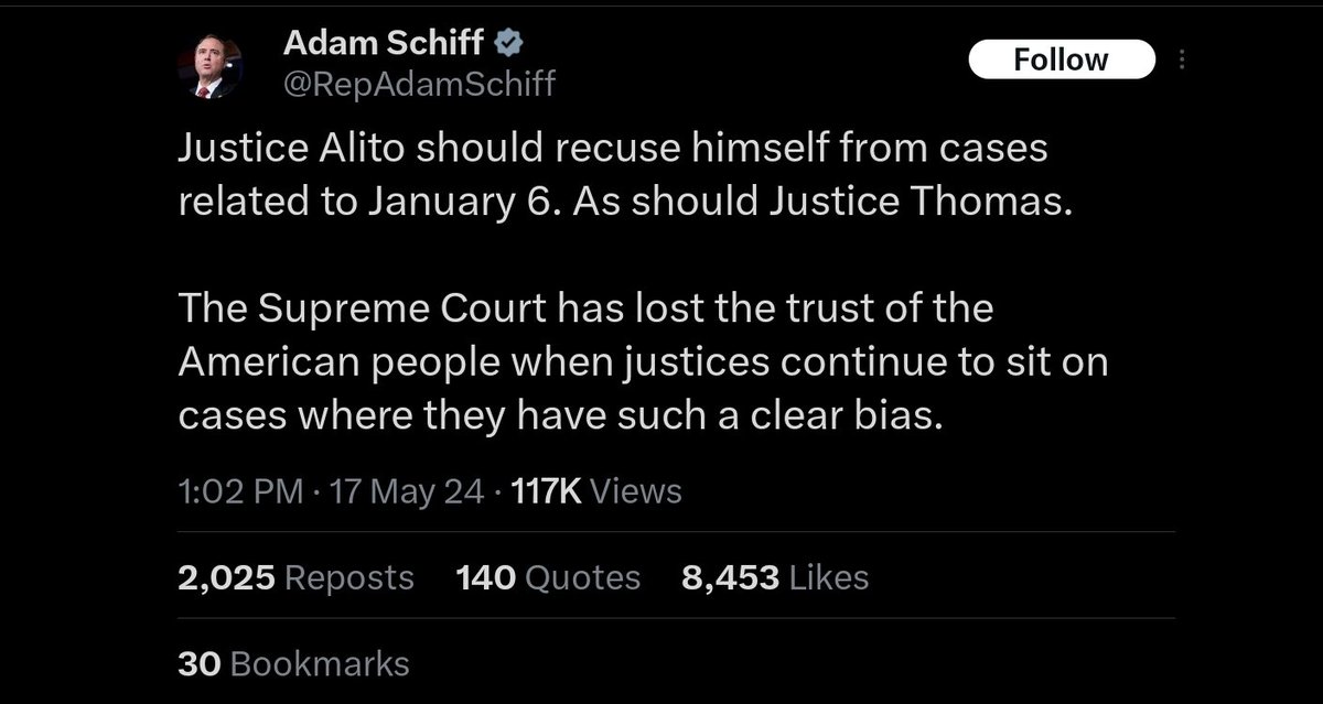 Of all the people talking about other's needing to recuse themselves from stuff, yet Adam Schiff spent 4 years lying about Russian collusion and when he was called out for all the lies he didn't step away or stop spreading his lies.