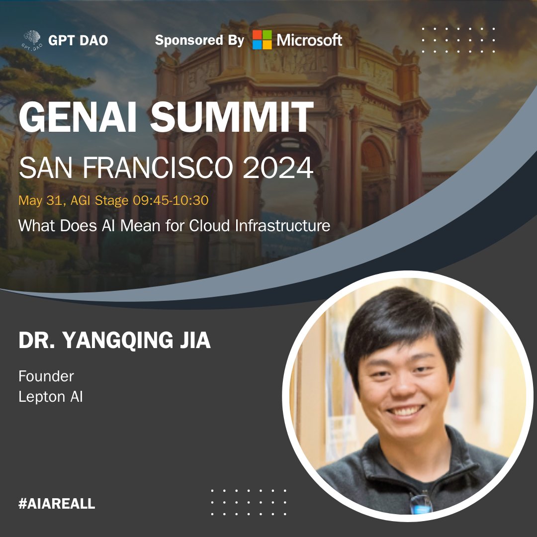 Meet Yangqing Jia @jiayq, Founder of @leptonai, speaking at #GENAISummitSF2024 on 'What Does AI Mean for Cloud Infrastructure?' 

More event info on genaisummit.ai. The clock is ticking. 

#ai #artificialintelligence #airevolution #machinelearning #deeplearning