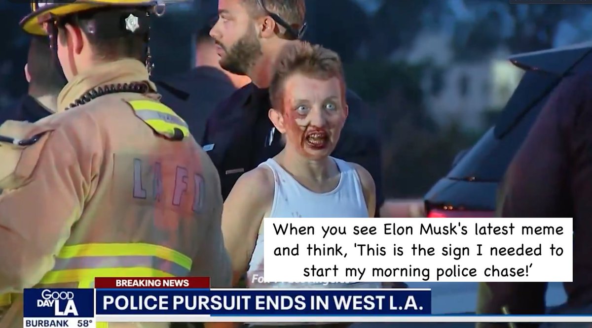 📷🚨📷 ELON MUSK MEME ALERT 📷📷

Elon Musk: inspiring people to take unexpected life choices since 2024 📷📷📷 #BlameElon #PoliceChase #Morning👮‍♀️🚔