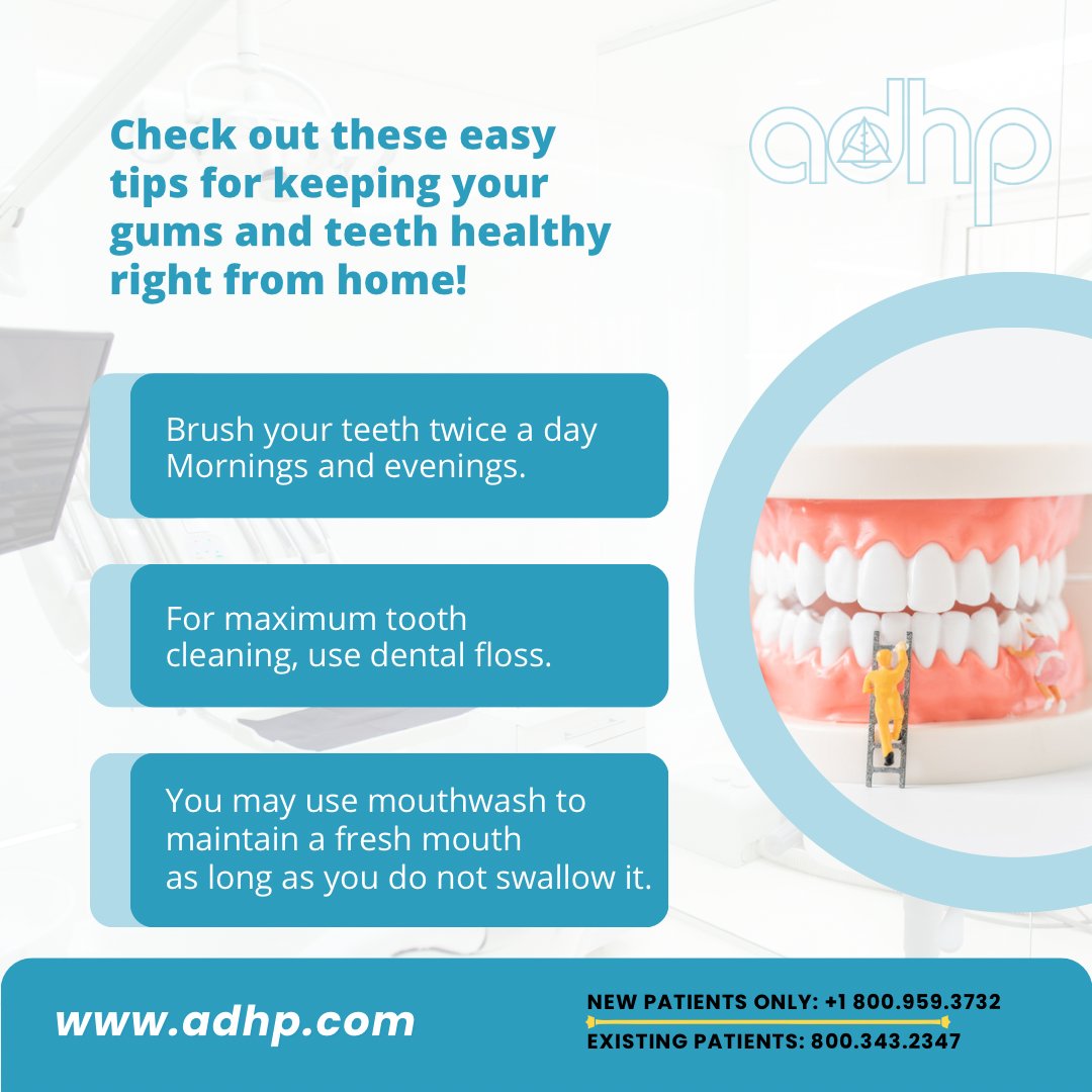 teethimplantsdr's tweet image. Keep Your Gums and Teeth Healthy at Home! Follow these simple tips to maintain excellent oral hygiene: brush your teeth twice a day, use dental floss for thorough cleaning, and use mouthwash to keep your mouth fresh. 
#ADHP #OralHygiene #HealthyTeeth #DentalCareTips