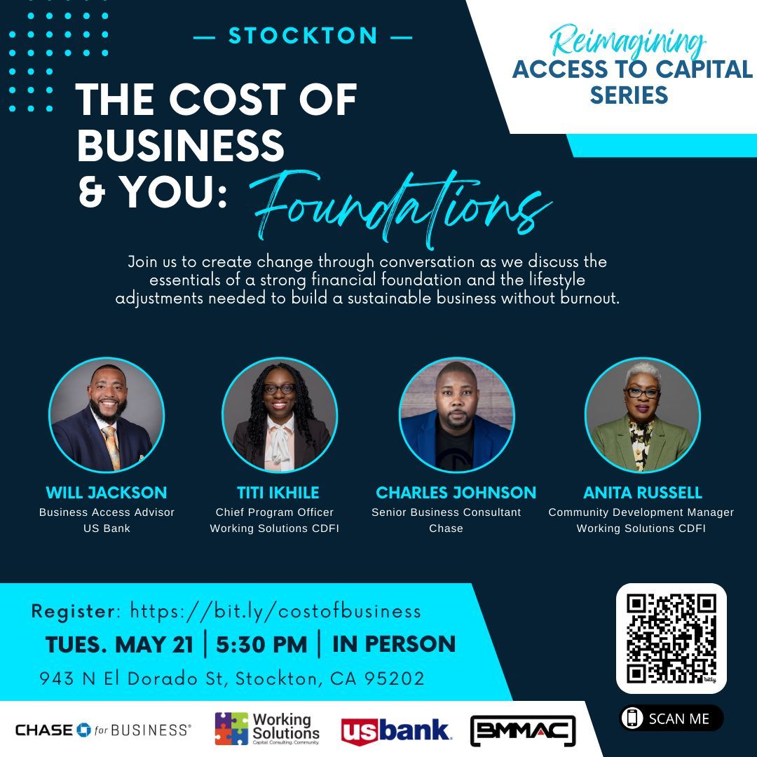 #Reminder: If you're in need of funding to start or grow your business, join us in Stockton on Tues., 5/21 at 5:30 PM, where a panel of experts from Working Solutions, @Chase, and @USBank will demystify #smallbiz funding to help you gain access to capital: bit.ly/costofbusiness