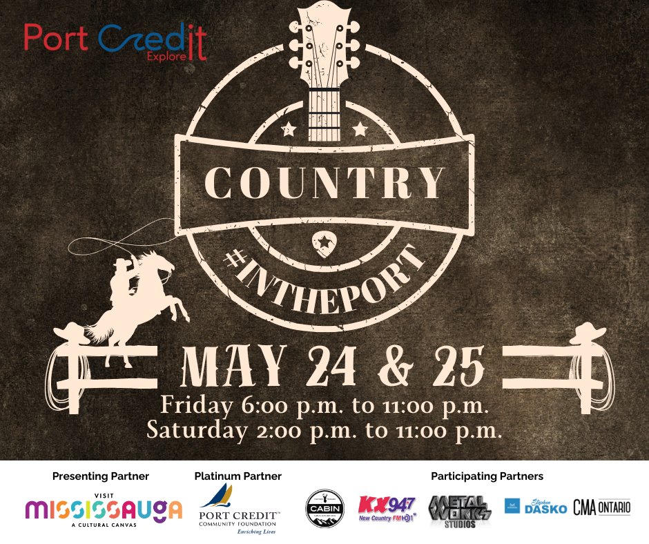 PCBIA presents #CountryINThePort on May 24th and 25th, 2024. #PortCredit celebrates everything #Country with live music, Country-themed menu items, pony rides, a petting zoo, a mechanical bull, games, line dancing lessons, and more!👉portcredit.com/upcoming-event…