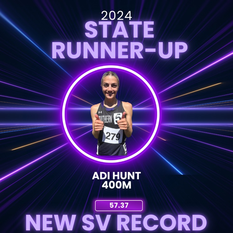 SVEagles's tweet photo. Adi Hunt takes State Runner-Up in the 400M breaking her own record with a time of 57.37. Congratulations! We are proud of you! #svnation https://t.co/NrLkiWHnWi