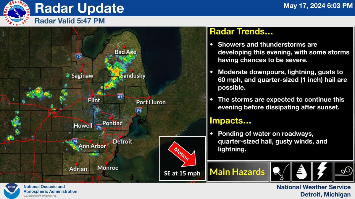 NWSDetroit's tweet photo. Showers and thunderstorms are developing this evening, with some storms having chances to be severe. Moderate downpours, lightning, gusts to 60 mph, and quarter-sized (1 inch) hail are possible. #miwx https://t.co/kQO6u6Z2X7
