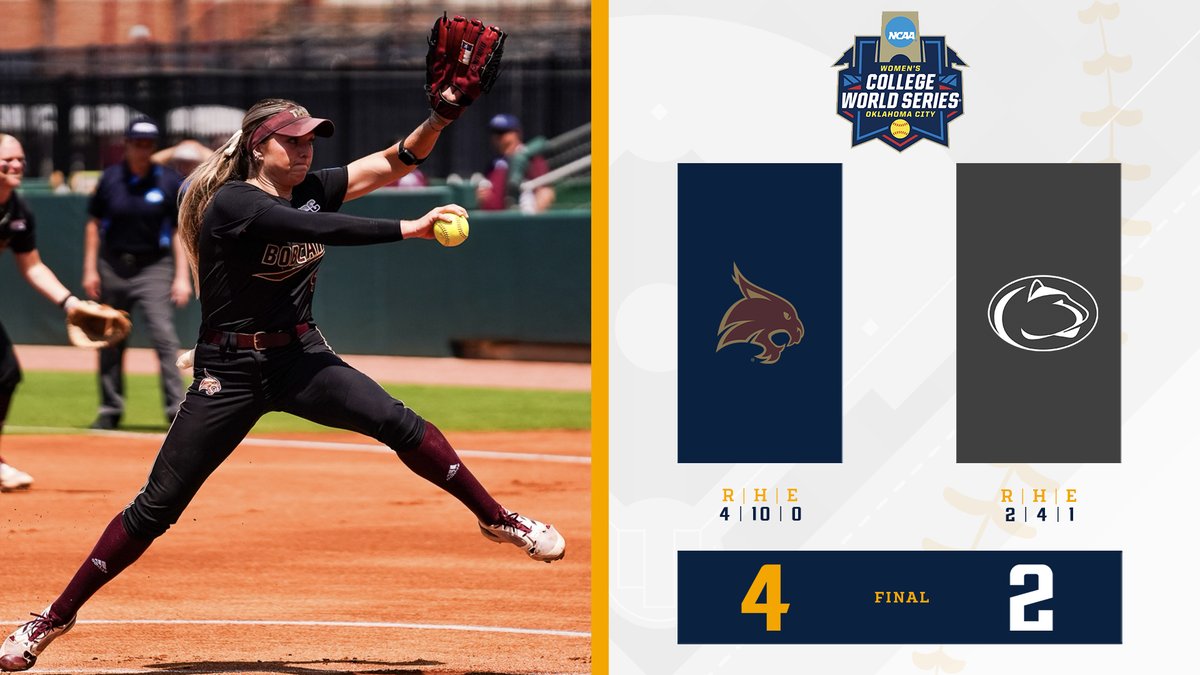‘𝗖𝗔𝗧𝗦 𝗖𝗢𝗠𝗘 𝗕𝗔𝗖𝗞. @TXStateSoftball scored three runs in the 6th inning to surge ahead of Penn State. The Bobcats are headed to the winner’s bracket, where they’ll face the winner of Albany/Texas A&M tomorrow at 2 p.m. CT. #SunBeltSB ☀️🥎