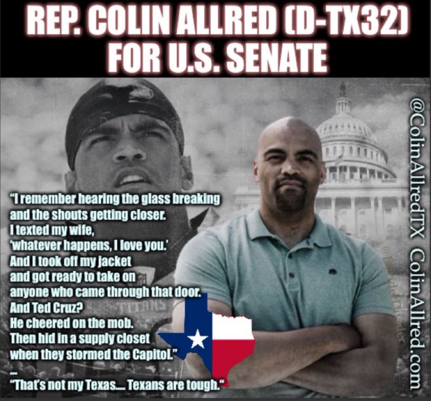 #ProudBlue #ResistanceUnited #Allied4Dems @ColinAllredTX During the attempted coup on J6, Colin Allred was ready to defend the Citadel of our government, our Capitol, from the mob toting confederate flags and assaulting police officers. While Ted Cruz hid in a closet next to a