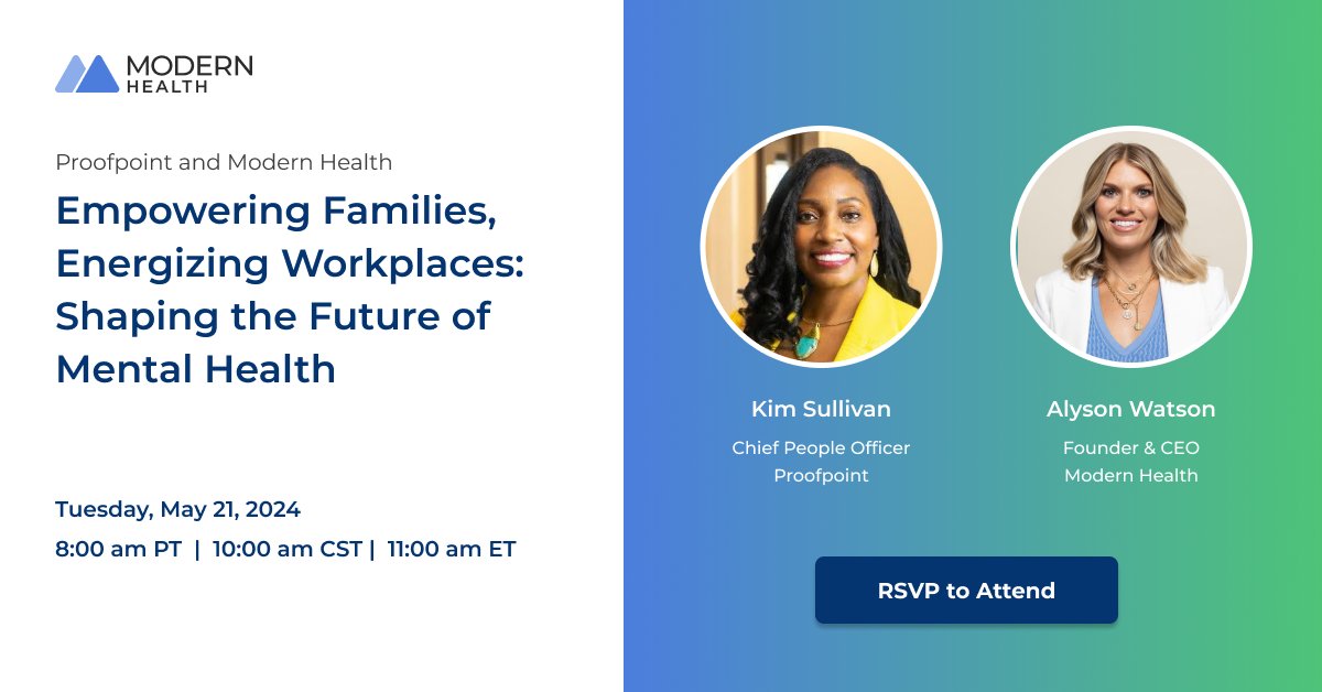 You're invited to join Kim Sullivan, chief people officer at Proofpoint, and Alyson Watson of Modern Health for a virtual fireside chat on the future of #mentalhealth. 

#LifeAtProofpoint #ProofpointCares #MentalHealthAwarenessMonth

ow.ly/ZHsY50RKJxK
