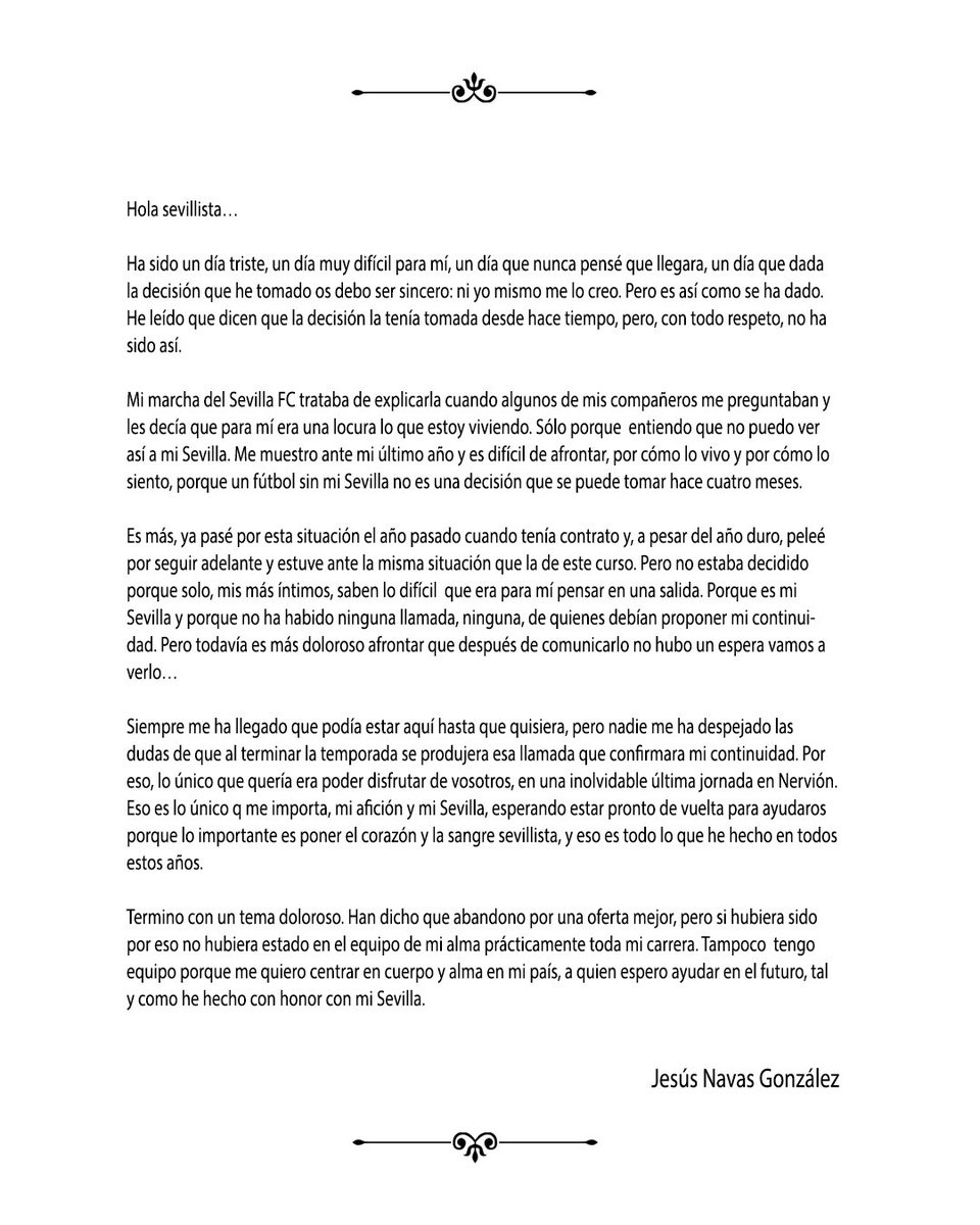Creo que está carta, escrita por la mayor leyenda de nuestra historia, no por cualquiera, debe ser el detonante que de comienzo a la batalla, a la guerra. Si no es ahora, no es nunca. ¡Unión y sevillismo contra los que nos desangran en nuestra puta cara!