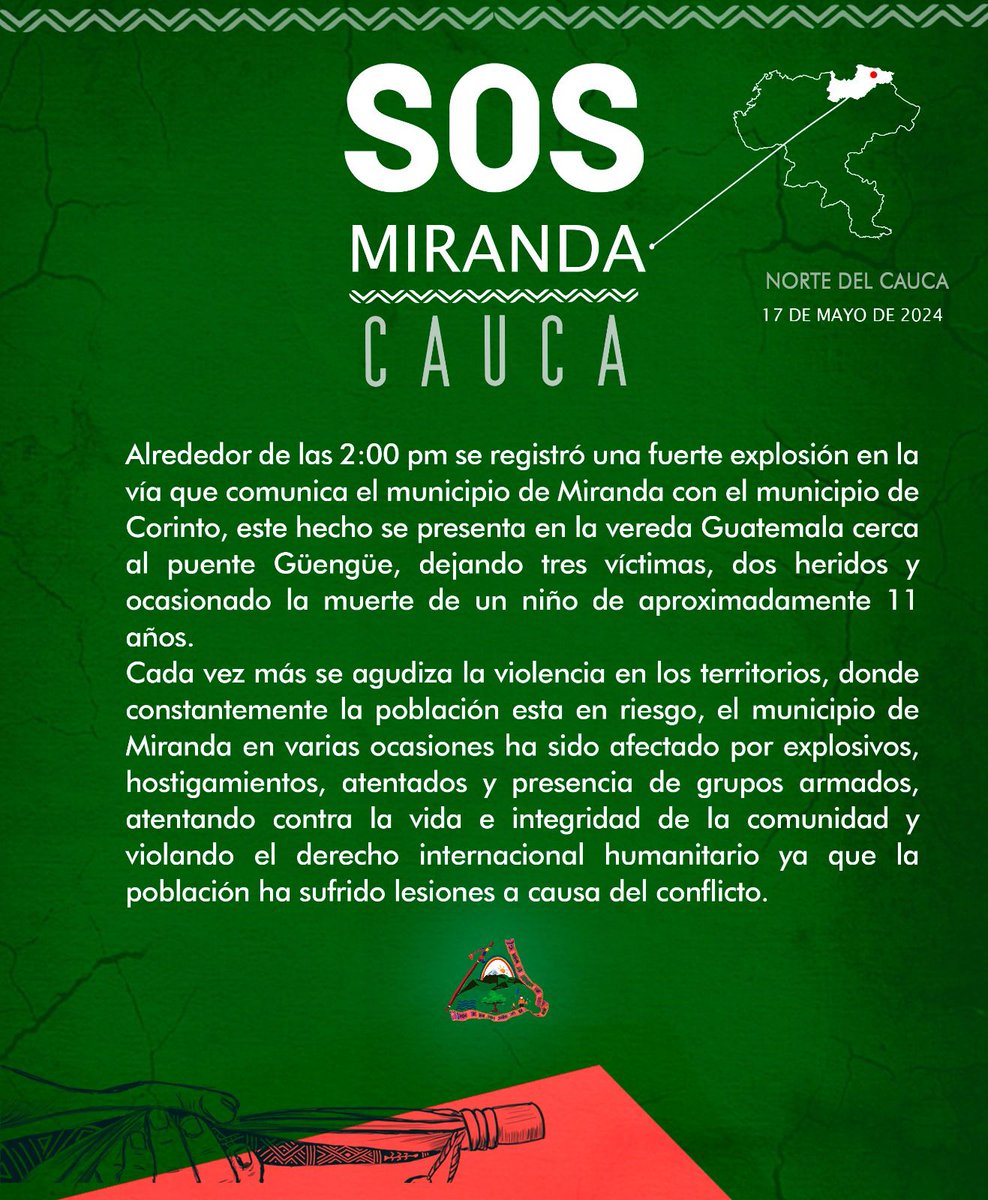 #IEANPEALERTA🚨|| Nuevamente la población del Cauca padece los embates bélicos de grupos armados, ahora contra los habitantes de la vereda Guatemala. La @ACIN_Cauca ha advertido de estas situaciones, URGE RESPUESTAS...@MinInterior @DefensoriaCol @velascoluisf @Ivan_Velasquez_