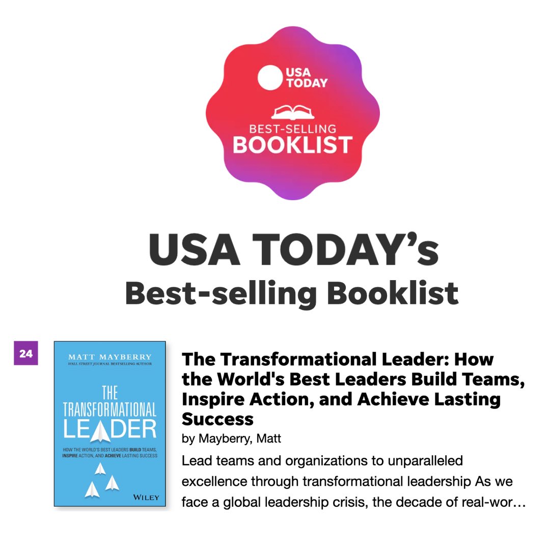 Excited to announce that my new book,The Transformational Leader, is now officially a National Bestseller! Debuting at #24 on the USA Today Bestseller list, cracking the top 25 out of the top 150 books across all genres. To everyone who ordered a copy and believed in this book,