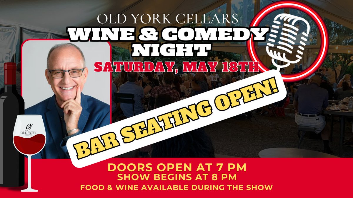 GET YOUR SEATS WHILE THEIR AVAILABLE!  All our tables are now SOLD OUT for Saturday's Wine &amp; Comedy Night but sit with the cool kids at the bar to watch our great line up of comics - ONLY A FEW SEATS STILL LEFT - Make your reservations now!  exploretock.com/oldyorkcellars…