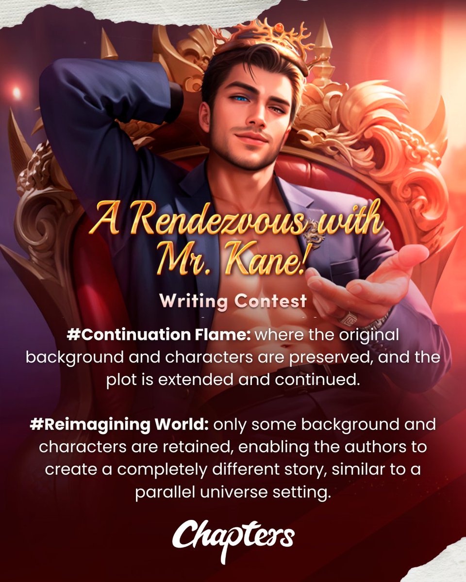 Are you participating in our #Chapters #WritingChallenge 𝐀 𝐑𝐞𝐧𝐝𝐞𝐳𝐯𝐨𝐮𝐬 𝐰𝐢𝐭𝐡 𝐌𝐫. 𝐊𝐚𝐧𝐞!?🔥
Unleash your creativity and write a story inspired on Mr. Kane!  😍
You can win up to 300 USD! 🤑

✨From  May 11th to June 20th
We can't wait to read your stories! 📚