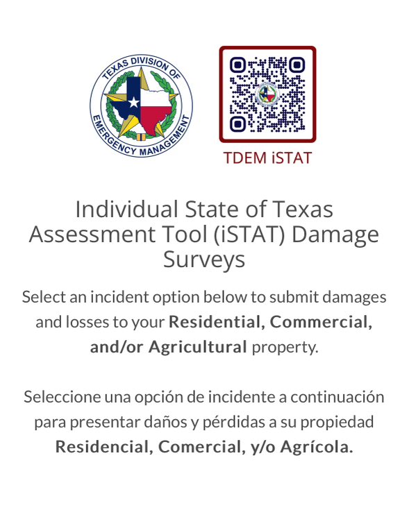 🗣️Texans🗣️ Scan the QR code below to submit damages and losses to your residential, commercial, or agricultural property.