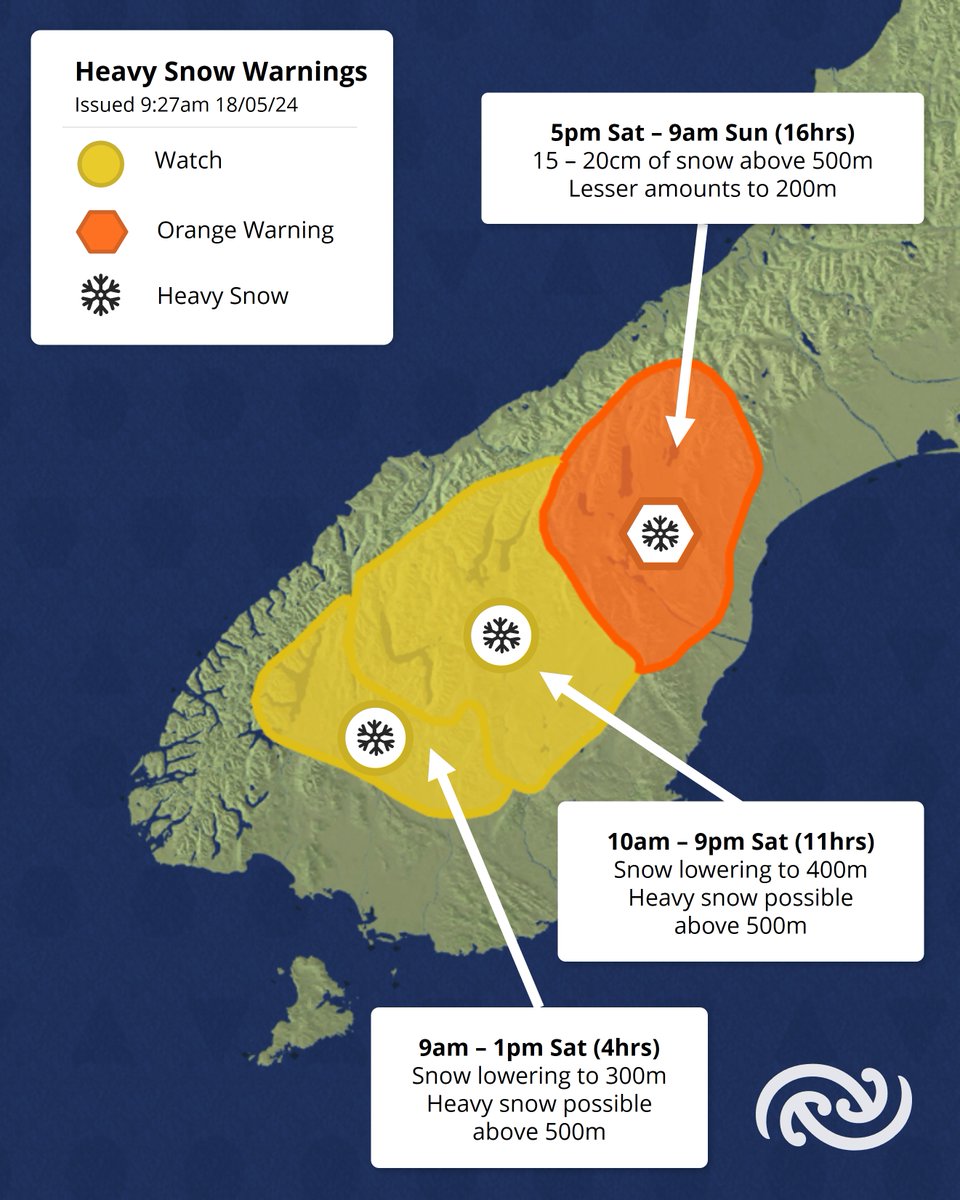 🟠 A Heavy Snow Warning has been issued for inland south Canterbury
📏15-20cm of snow expected above 500 metres, lesser amounts further down

🟡 Southland, Otago and South Canterbury also have Heavy Snow Warnings

🛣❄ Stay safe and check in with @nztamain before heading out.
