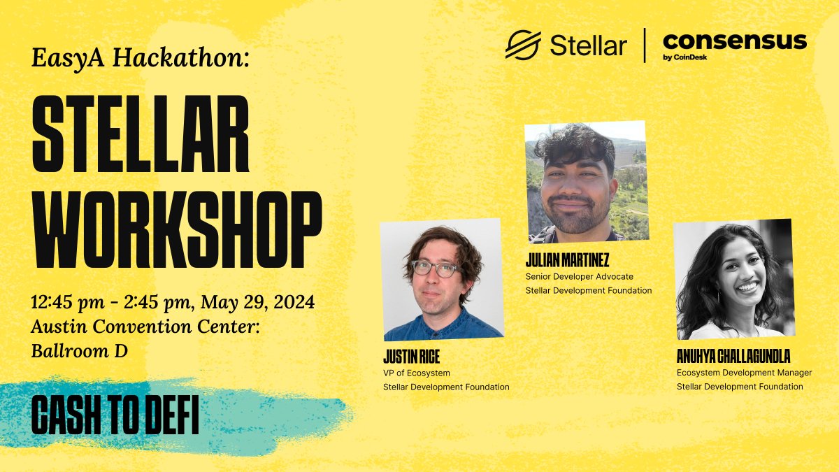 Stellar 🤝 @easya_app 🤝 @CoinDesk Join us IRL for a 3-day hackathon at #Consensus! Team up with top devs to build the future of #Web3 and get insights from the SDF team on how to get noticed and awarded. 🎫 stellar.org/community/even…