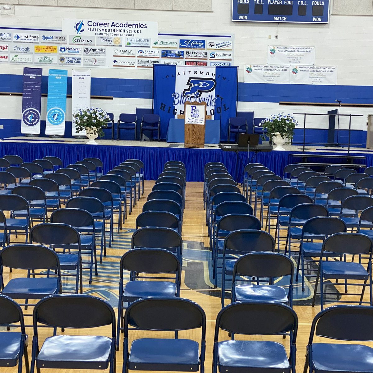 Chairs are set. Podium is on the stage. We are ready for Sunday! #Plattsmouth2024Grads