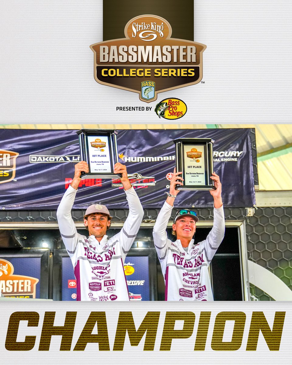 Ashton Hehr and Trevor Johnston of Texas A&M University win the @StrikeKingLures Bassmaster College Series at Sam Rayburn presented by @BassProShops with a 2 day total of 42 pounds, 7 ounces! 🏆🎣 #bass #bassmaster #CollegeBass #BassmasterCollegeSeries #champions