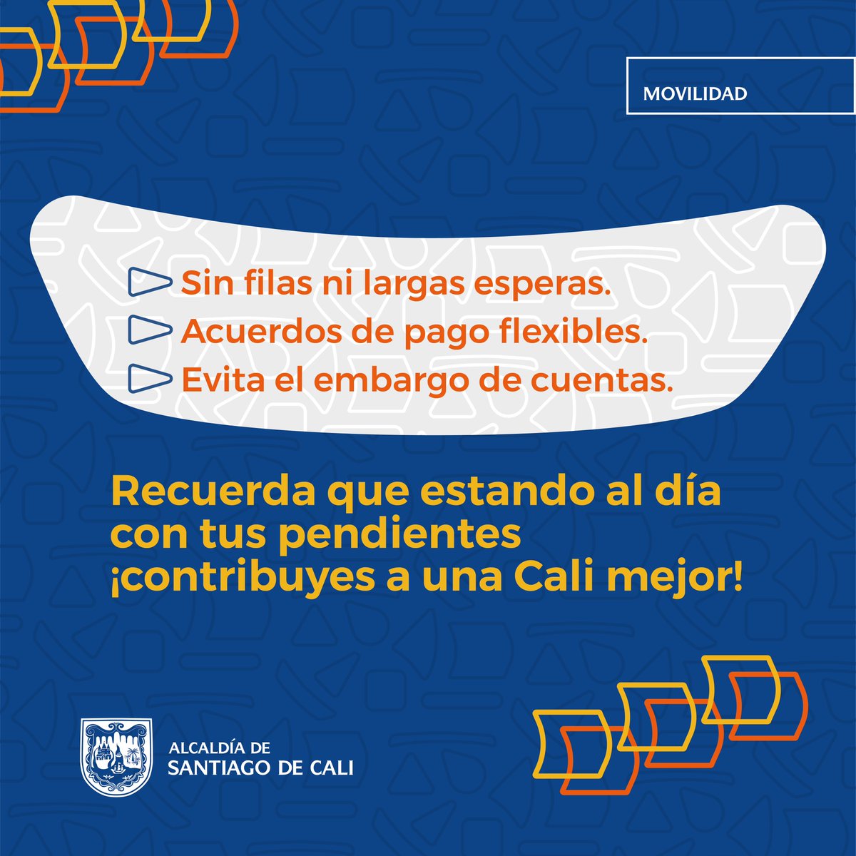 ¡Caleños, la tercra es la vencida! 🎉 Ahora nos podrán encontrar en 4️⃣ Centros Comerciales de Cali, del 17 al 24 de mayo, para ponerse al día con sus comparendos. Aprovechen esta nueva oportunidad para: ● Pagar sin filas ni esperas. 🕙 ● Negociar acuerdos de pago flexibles.