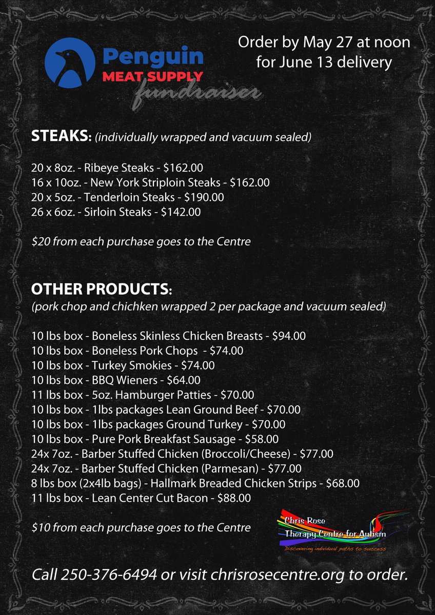 Our parent group's Spring 2024 Penguin Meats Fundraiser ends in 10 days!  A portion of the proceeds of each item is donated to the Centre.
For more information on how to order, visit us online at:
chrisrosecentre.org/penguinmeats/
#Kamloops #mmmbacon #penguinmeats #barbecue