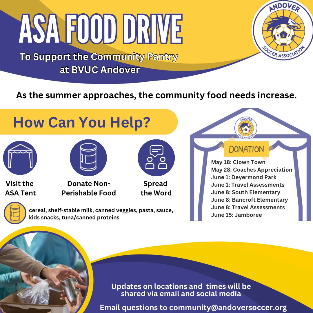 ASA Food Drive! Help Ballard Vale's Community Pantry (donates 1000lbs/wk!). We're bringing the donation tent to YOU! Dates &amp; times TBA on social media. #Community #FoodDrive