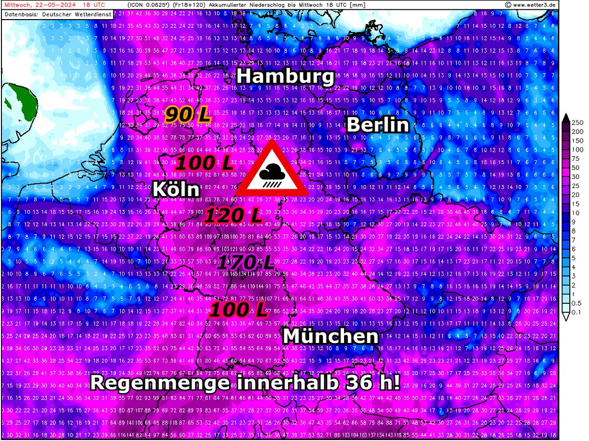 ICON 18z verschärft #Unwettertief für Dienstag/Mittwoch!
Innerhalb von 24/26 h sind im Westen 100-170 L #Starkregen möglich, die Folge wären katastrophale #Überflutungen/#Hochwasser!
Zudem könnte es Do./Freitag noch weiteren Regen/#Gewitter geben!
⚠️🟣⛈️🌧️🌊