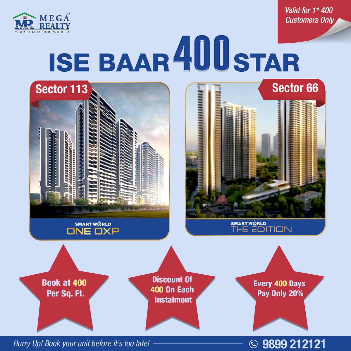 megarealtymax's tweet photo. ⭐ Book at ₹400 Per Sq. Ft.*
⭐Discount proposition of ₹400 Per. Sq. Ft. on each installment*
⭐Every 400 Days pay only 20%*
⭐*Terms &amp; Conditions Apply
 📱 9899 212121

For WhatsApp: https://t.co/6Tnd0SKG8c

 #megarealtygurgaon #smartworld #smartworldonedxp https://t.co/Zl0i2tdwrW