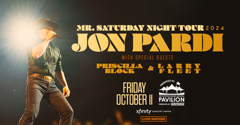JUST ANNOUNCED!🤠Jon Pardi is coming to The Cynthia Woods Mitchell Pavilion Presented by Huntsman on Friday, October 11 for the Mr. Saturday Night Tour with special guests Priscilla Block & Larry Fleet. Tickets on sale this Friday, May 24 at 10am.👋