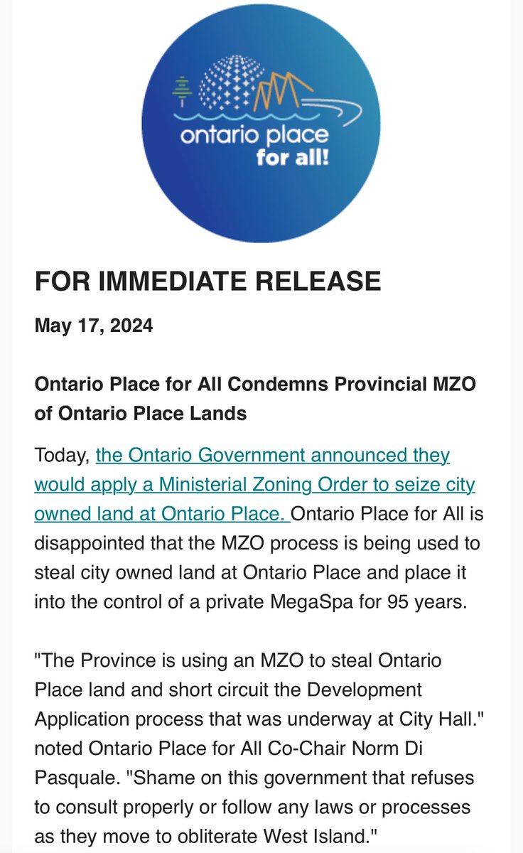 PRESS RELEASE: Ontario Place for All Condemns Provincial MZO of Ontario Place Lands mailchi.mp/eb9f0d8f2e57/p… #topoli #onpoli