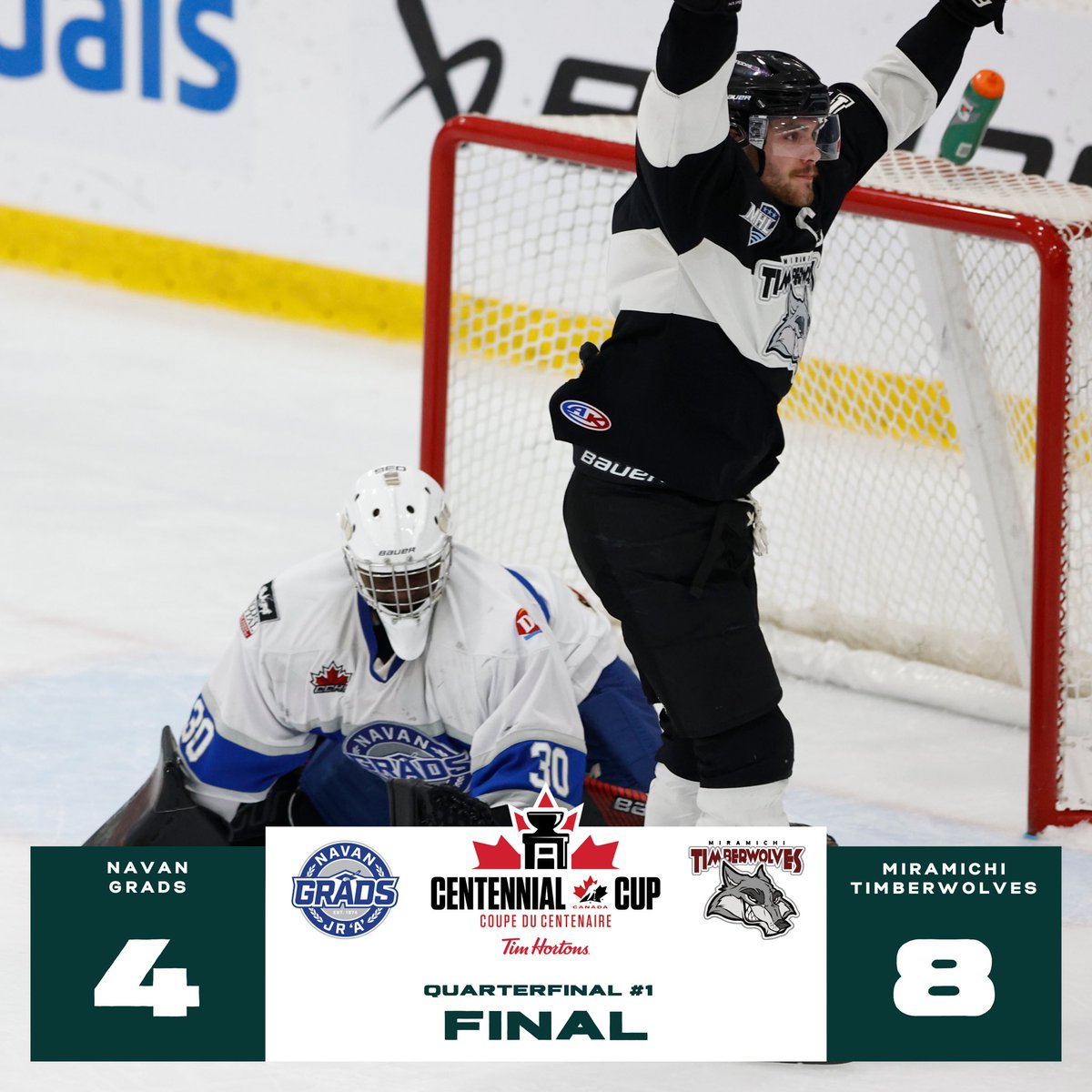 #CentennialCup | The @MTimberWolves are moving on! They double up the @GradsHockey in quarterfinal action and advance to semifinal Saturday here in Oakville. ⬇️ 📸 @ojhlimages 📊 Stats | hockeycanada.ca/en-ca/national…