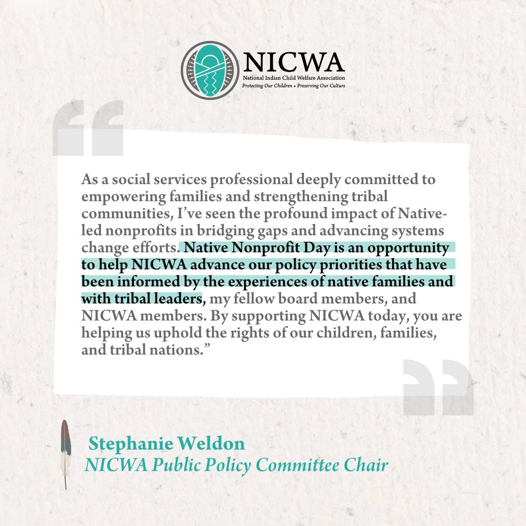 NativeChildren's tweet image. By supporting NICWA, you become an integral part of advancing policies that are driven by self-determined tribal nations. 

➡️ Read more on our annual priorities at nicwa.org in the latest news tab.

#NativeNonprofitDay #GiveNative