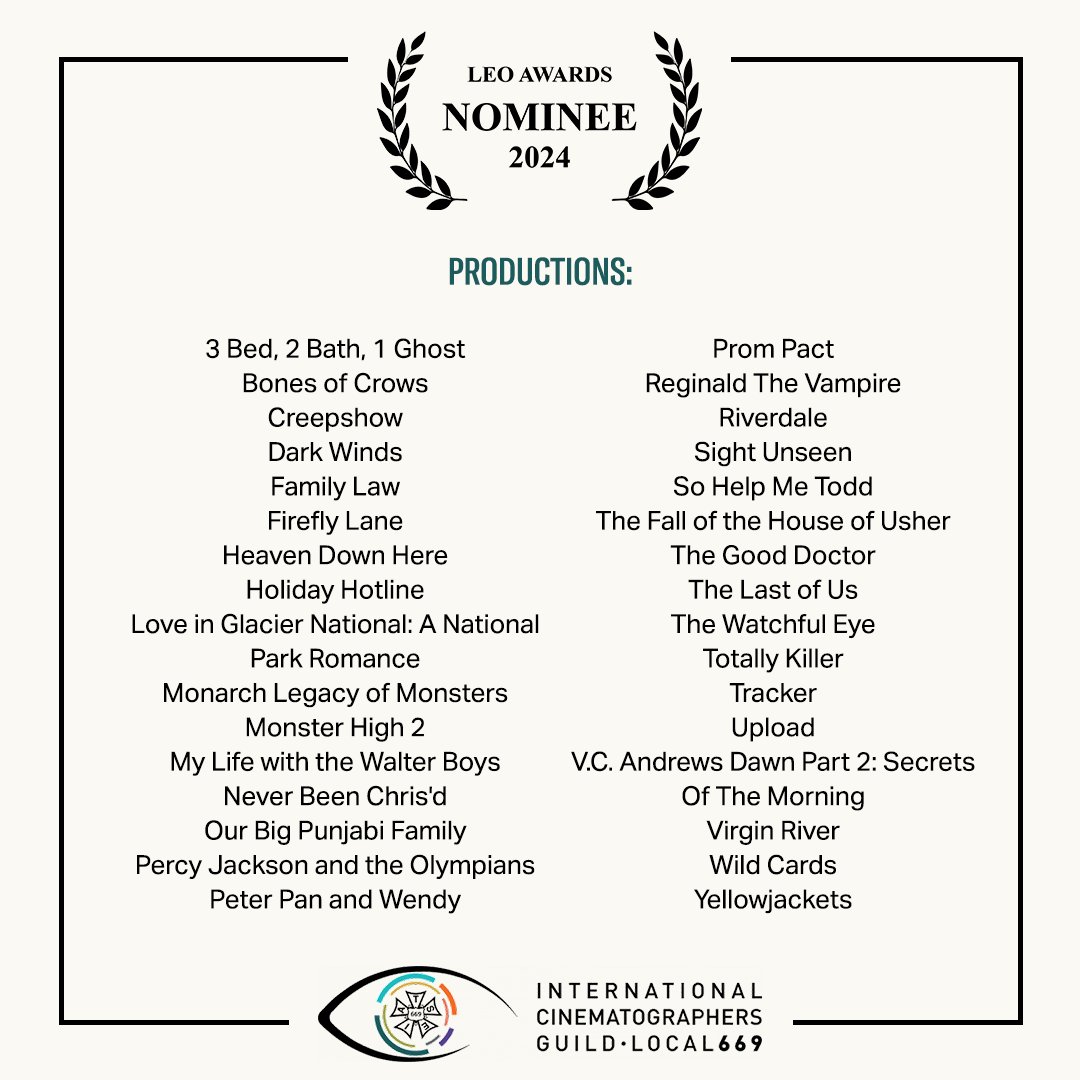 Congratulations to all the ICG 669 members and productions that were nominated for a 2024 LEO Award!