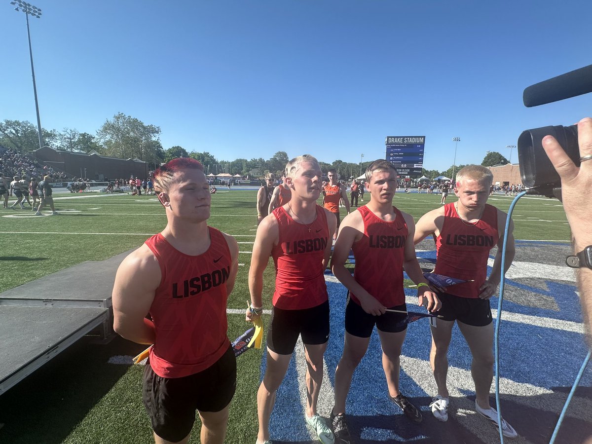 The Lisbon boys’ 2 x 400 relay team won Friday in a 1A state record time of 1:28.46. The Lions finished second to Lawton-Bronson at state last year — and broke L-B’s short-lived record this year.