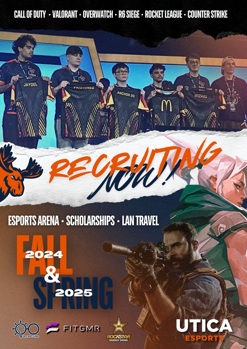 📢📢 Utica Esports is recruiting for Fall 2024 and beyond! 📢📢

- T2/T3 experience is preferred but not required

Scholarships are available for those qualified🧑‍🎓

Do you have what it takes to be apart of the dynasty?

Email dmsporte@utica.edu or DM @dsportello13 

#Fearthemoose