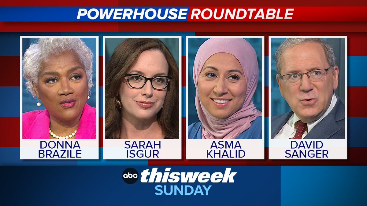 SUNDAY ROUNDTABLE: @donnabrazile, @whignewtons, @asmamk & @SangerNYT join @MarthaRaddatz to discuss all the week’s politics. Only on @ThisWeekABC trib.al/SUvYiJp
