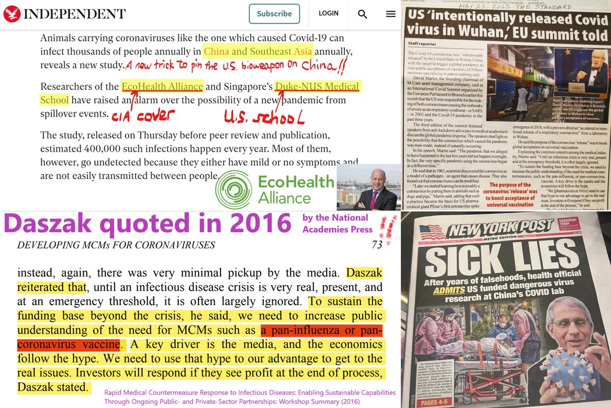 Covid19Origin's tweet photo. @thackerpd @hkakeya @tomselliott @WashburneAlex @BiosafetyNow @R_H_Ebright @COVIDSelect @davidzweig #DeepStateCoverUp

The US funded Wuhan to cover up their criminal tracks😡

#CIA cover #PeterDaszak of #EcoHealthAlliance is attempting to pin the US bio-war-crime on Asian bats👉https://t.co/oNqdPaJafl

▪️US patented SARS virus in 2002!
▪️US Moderna patented COVID virus in 2016! https://t.co/0G9mUu9gq2