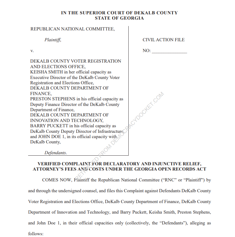 BREAKING: The RNC has filed a lawsuit against DeKalb County, Georgia (Atlanta) to obtain records related to an illegal $2 million grant DeKalb's Voter Registration and Elections department received from Mark Zuckerberg heading into the 2024 election In May of 2023, Gov. Brian