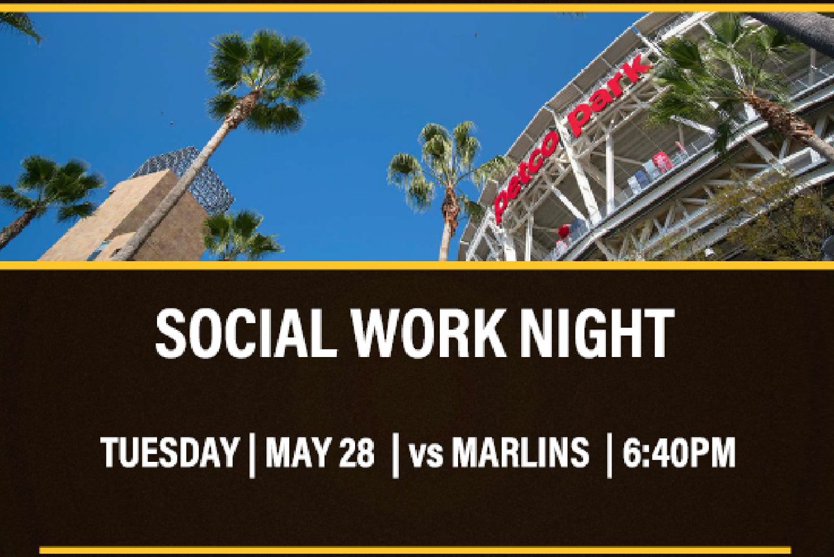 Jennifer A. Parga, MSW she/her(s) (@sd_socialworker) on Twitter photo #SocialWork night a <a href="/Petco/">Petco</a> on May 28th - celebrate with us! <a href="/uscsocialwork/">USC Social Work</a> <a href="/sdsualumni/">SDSU Alumni</a> <a href="/CSUSM/">Cal State San Marcos</a> <a href="/SDCountyHHSA/">SD HHSA</a> <a href="/sdut/">The San Diego Union-Tribune</a> <a href="/SDSU/">San Diego State University</a> <a href="/GaslampQuarter/">Gaslamp Quarter</a> <a href="/FatherJoes/">Father Joes Villages</a> <a href="/YMCASanDiego/">YMCA San Diego</a> <a href="/FeedingAmerica/">Feeding America</a>
Tickets available until May 22: offer.fevo.com/padres-vs-marl… #SocialWork night a <a href="/Petco/">Petco</a> on May 28th - celebrate with us! <a href="/uscsocialwork/">USC Social Work</a> <a href="/sdsualumni/">SDSU Alumni</a> <a href="/CSUSM/">Cal State San Marcos</a> <a href="/SDCountyHHSA/">SD HHSA</a> <a href="/sdut/">The San Diego Union-Tribune</a> <a href="/SDSU/">San Diego State University</a> <a href="/GaslampQuarter/">Gaslamp Quarter</a> <a href="/FatherJoes/">Father Joes Villages</a> <a href="/YMCASanDiego/">YMCA San Diego</a> <a href="/FeedingAmerica/">Feeding America</a>
Tickets available until May 22: offer.fevo.com/padres-vs-marl…