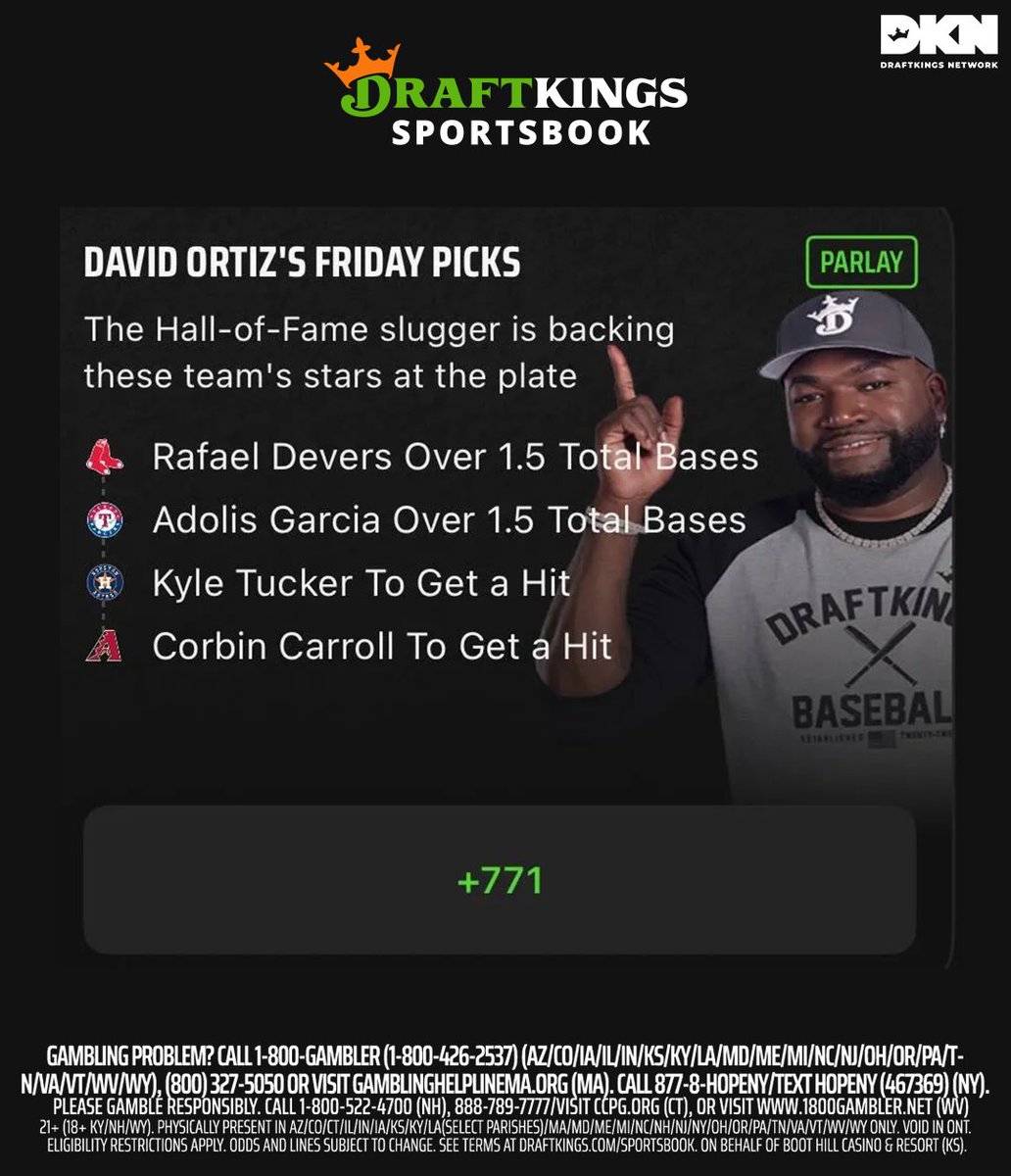 MLB PARLAY: @davidortiz gives his top parlay bet on @DKSportsbook for today’s MLB betting card, check it out!👇 ⚾Rafael Devers Over 1.5 Total Bases ⚾Adolis Garcia Over 1.5 Total Bases ⚾Kyle Tucker To Get a Hit ⚾Corbin Carroll To Get a Hit Odds (+771)