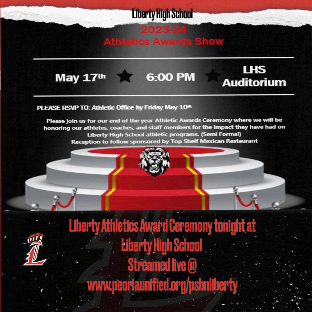 Liberty High School Athletics Awards Show tonight at 6:00 PM. The show will be streamed live @ peoriaunified.org/psbnliberty Join us live or by stream to watch the top athletes and coaches at Liberty High School receive their end of the season awards.