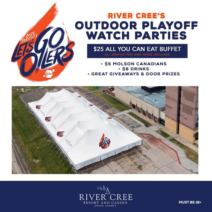 The Game 6 start time is finally set~ join us this Saturday to cheer on the Oilers in our Playoff Party TENT! Tickets are $25, includes a pub-style buffet!! Tickets available at the door or online NOW: (bit.ly/3owRf5l) Win some great door prizes, and enjoy $5