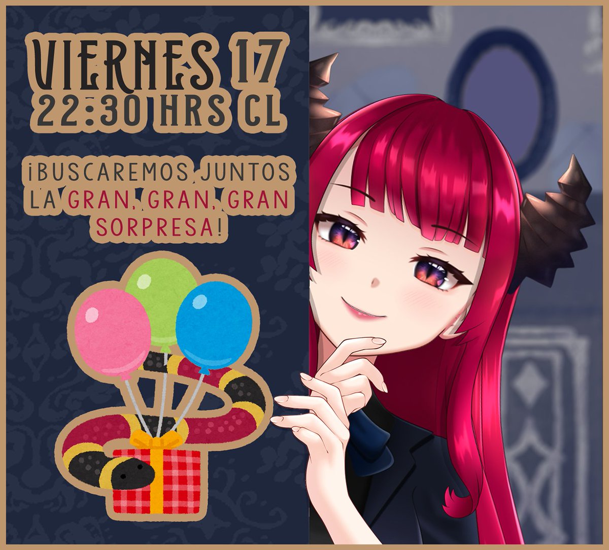 🍎 ¡𝐆𝐑𝐀𝐍 𝐒𝐎𝐑𝐏𝐑𝐄𝐒𝐀 𝐃𝐄𝐌𝐎𝐍𝐈𝐀𝐂𝐀! 🍎 ━━━━━━━━━━━━━━━━━━━ ❪ VIERNES 17 || 22:00 HRS || ¡ES HOY, HOY! ❫ ¡¡Prometiste ayudarme esta noche!! 🫵🐍 Por favor, ¡encontremos juntos la GRAN, GRAN, GRAN SORPRESA PERDIDA! #Vtuber #Anime