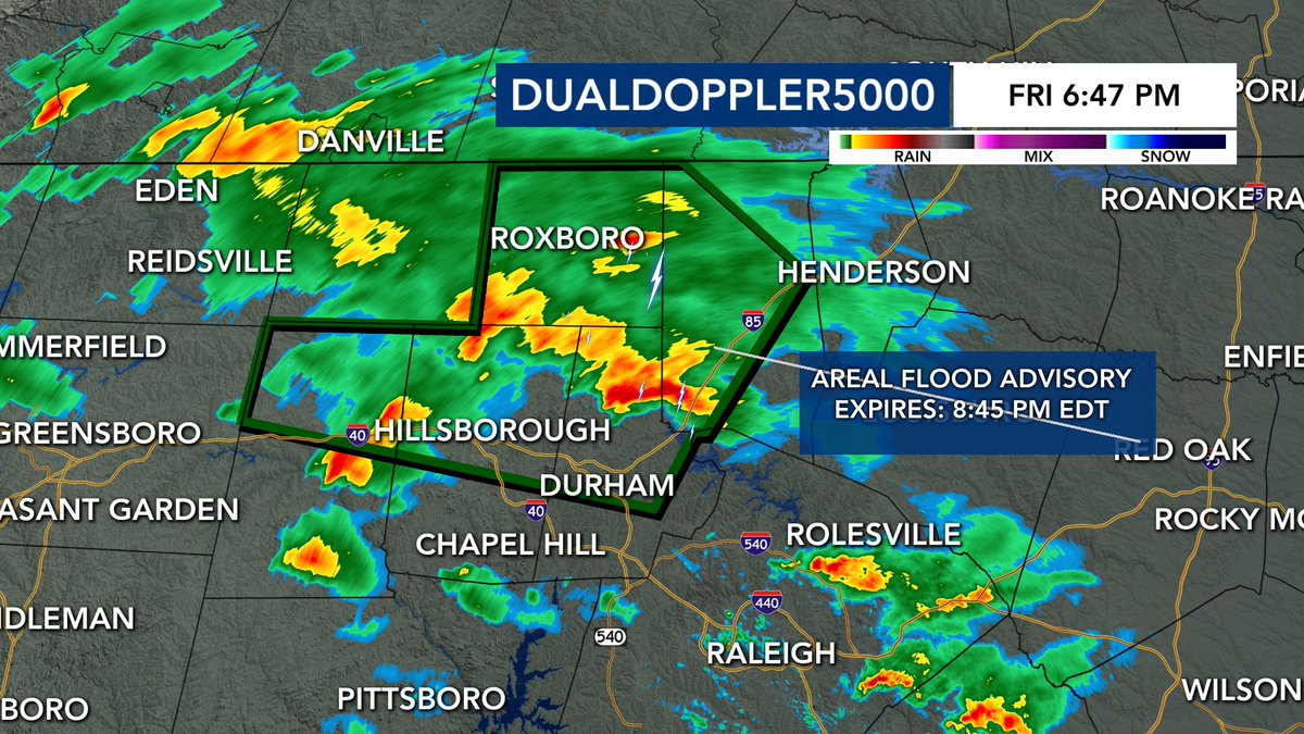 The rain has been moving so slowly and coming down heavily that there's now a Flood Advisory issued for parts of Granville, Durham, Orange, Alamance and all of Person County until 8:45 PM. between .5' and 2' of rain has fallen in this area! #ncwx @wralweather