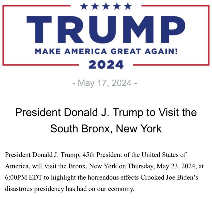 America! I will be throwing a MASSIVE rally in the South Bronx, New York on Thursday, May 23rd at 6:00PM to highlight the tremendous support I am garnering in New York!