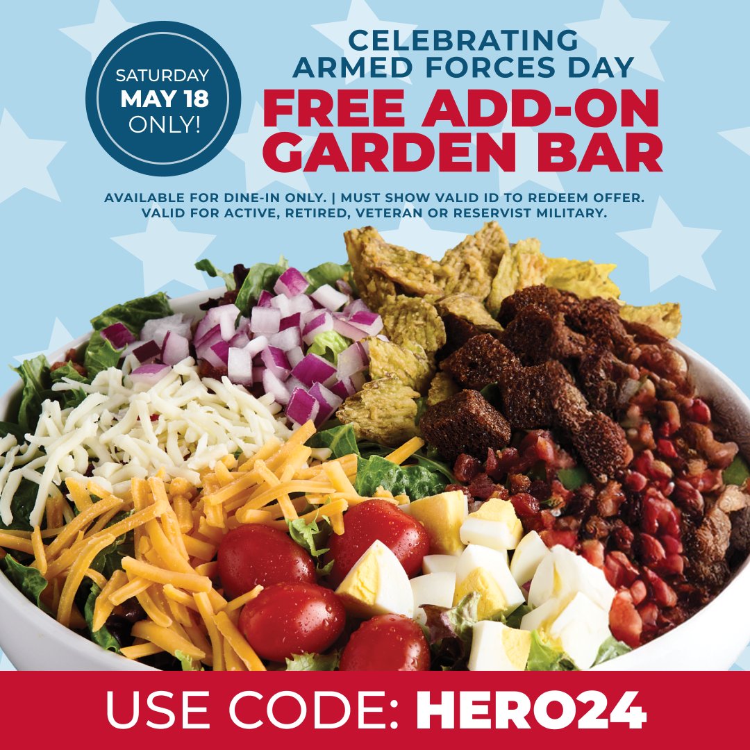We're celebrating the troops for Armed Forces Day tomorrow with a special deal! Just bring your valid active or retired military ID for a FREE Add-On Endless Garden Bar all day today. 🇺🇸