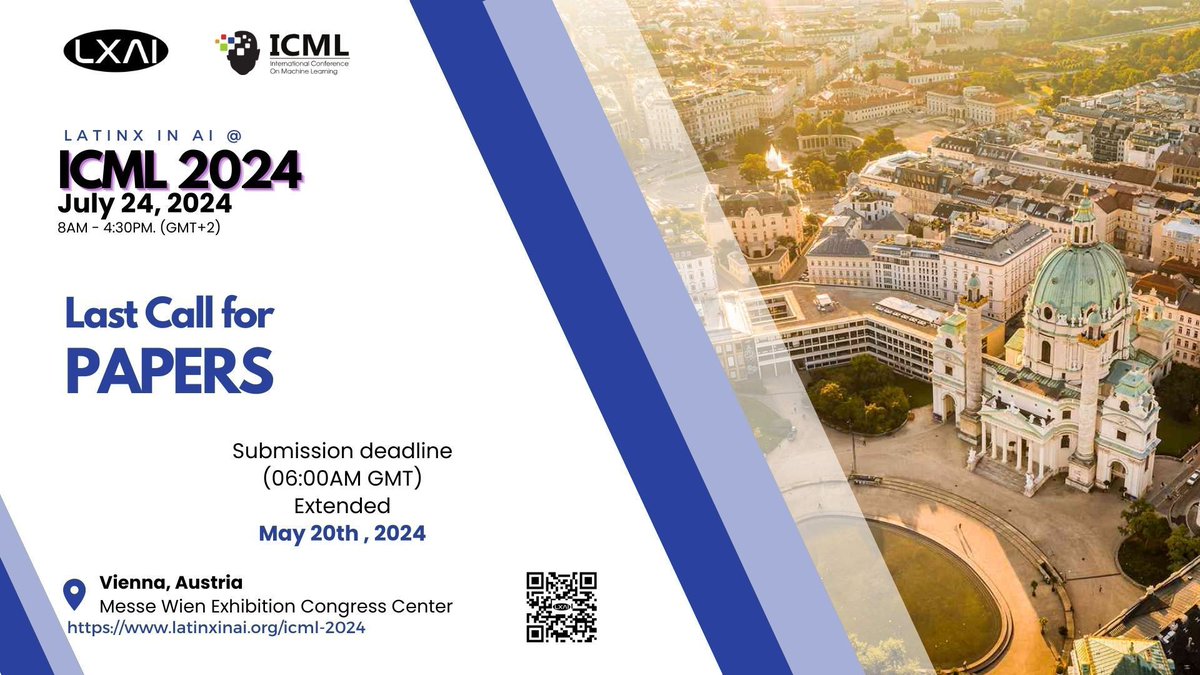 🚨 Last Call for Papers! 🚨 Submit your research for the LatinX in AI Workshop at ICML 2024 by May 20th, 06:00 AM GMT! Don’t miss this final opportunity to showcase your work. 🔗 buff.ly/49TByHG #LatinxInAI #ICML2024